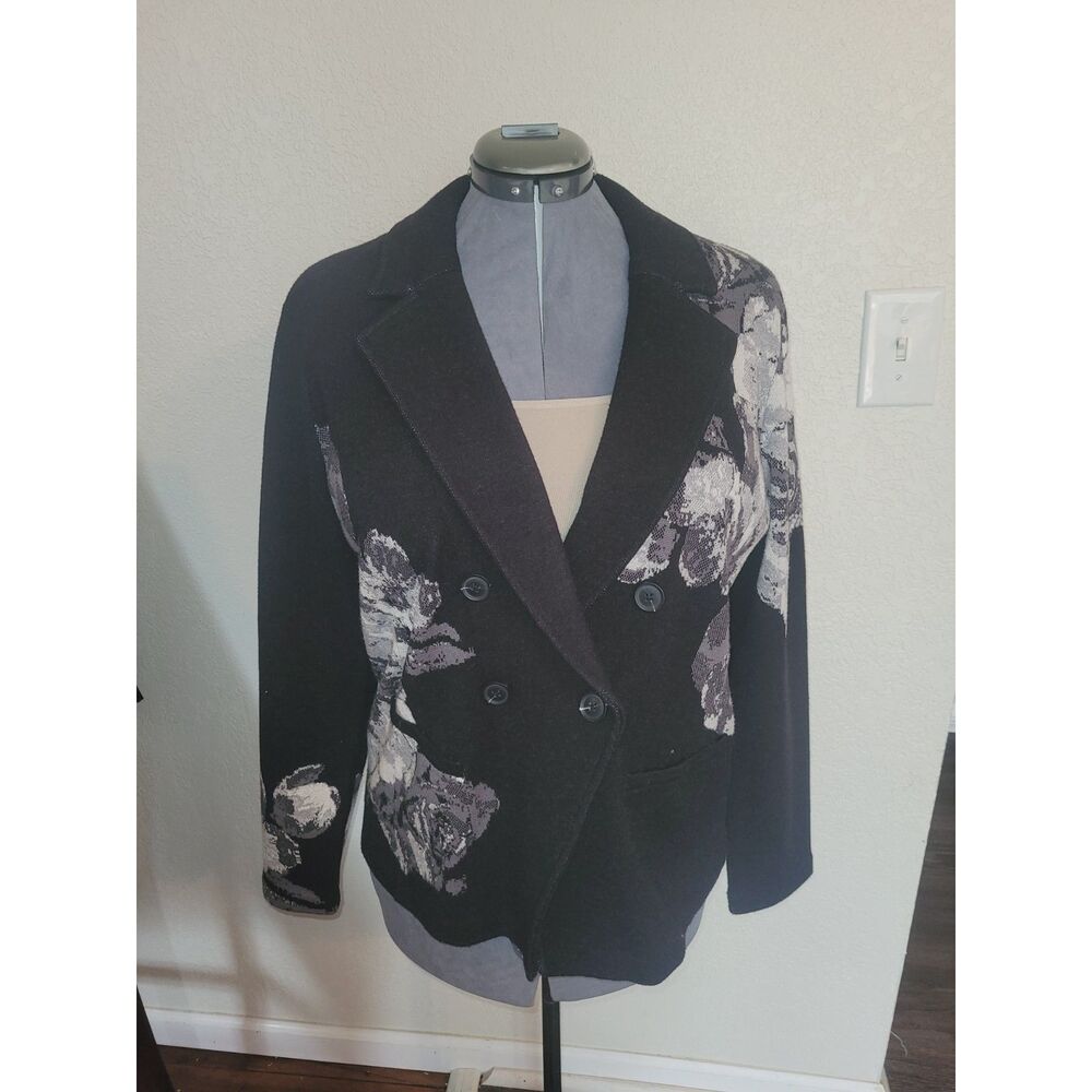 Chico's Floral Knit Blazer Jacket Size 2 (L) Black Grey Double Breasted Shacket